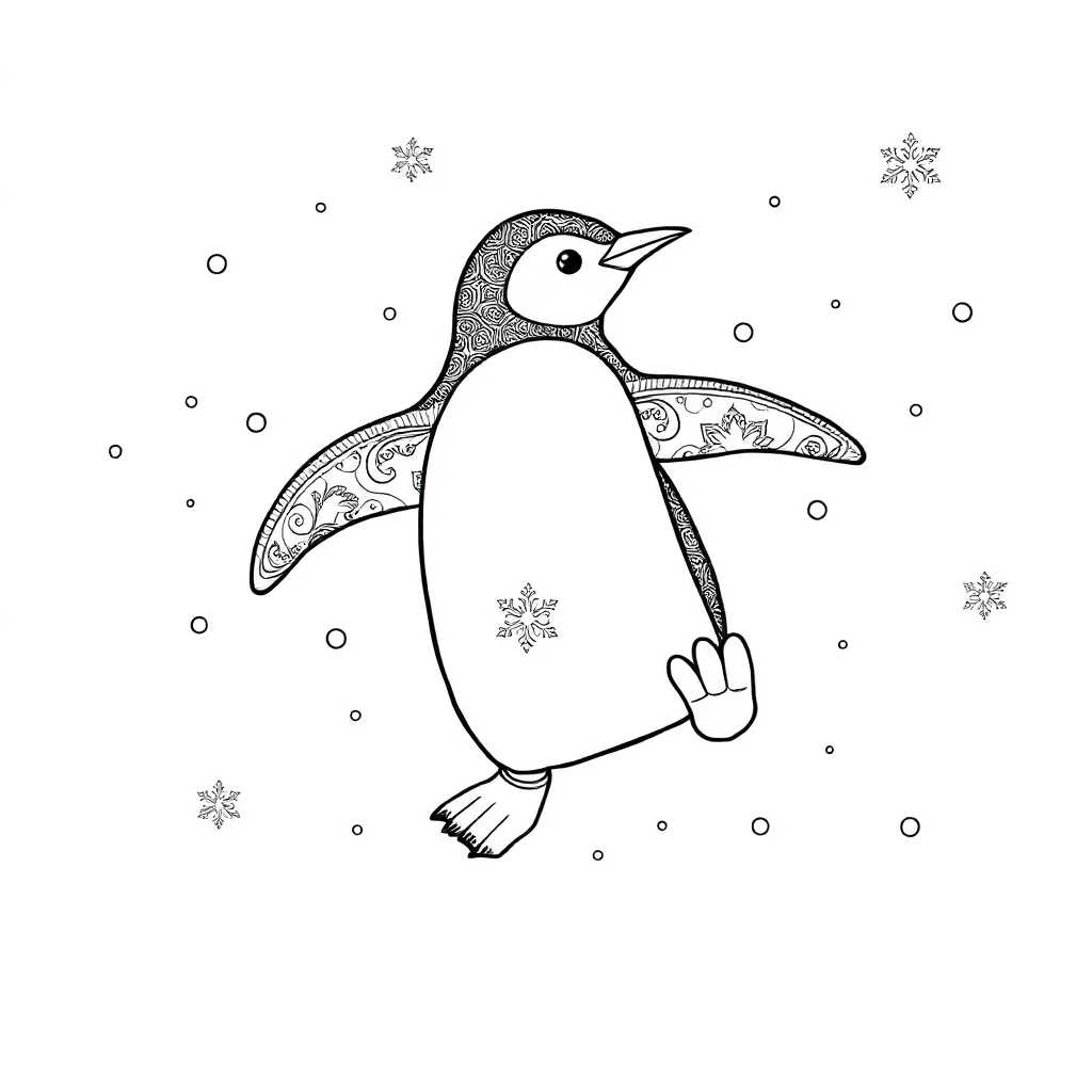 Penguins a penguin sliding on ice dancing — detailed penguins coloring page (ages 9+ & adults)