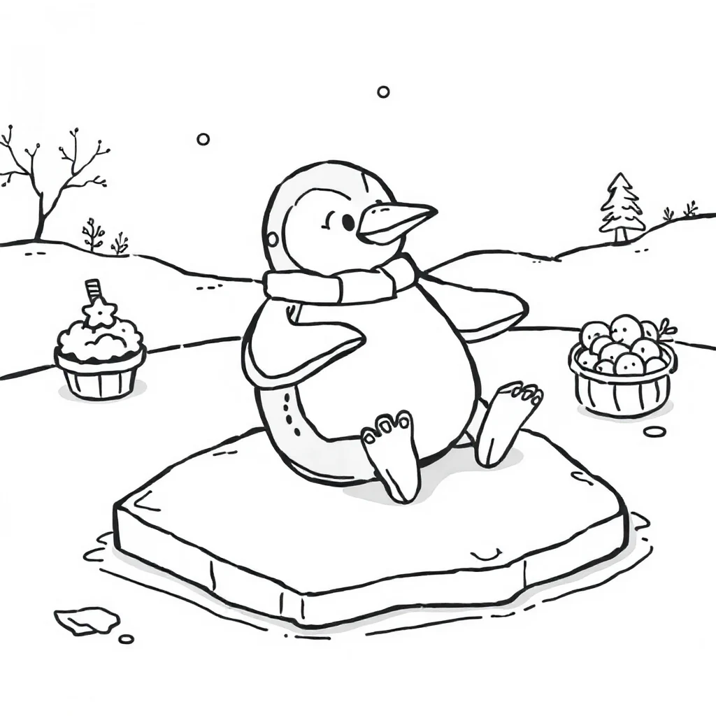 Penguins a penguin sliding on ice having a picnic — classic penguins coloring page (ages 5–10)