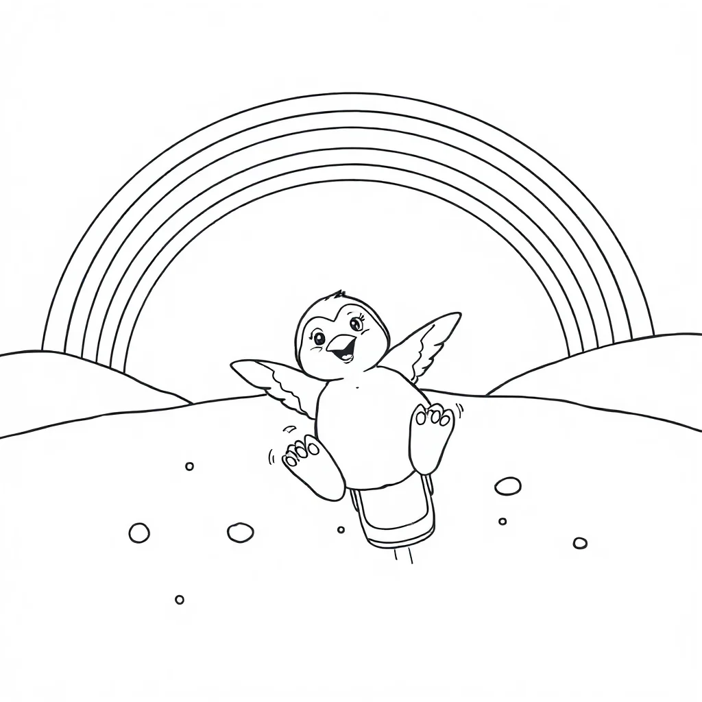 Penguins a penguin sliding on ice under a rainbow — classic penguins coloring page (ages 5–10)