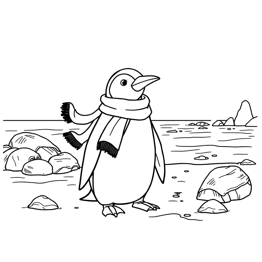Penguins a penguin with a scarf on the beach — classic penguins coloring page (ages 5–10)