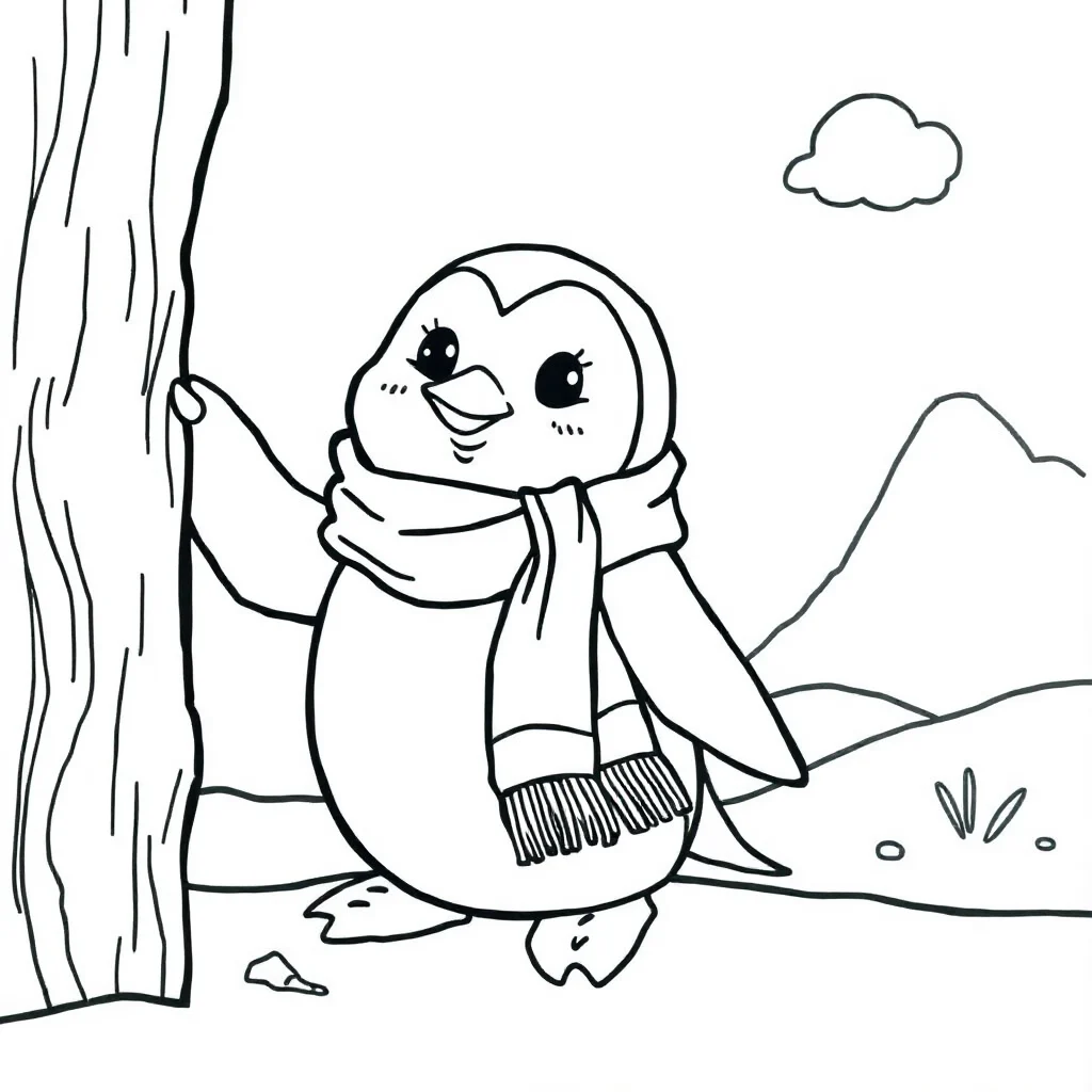 Penguins a penguin with a scarf peeking from behind something — classic penguins coloring page (ages 5–10)
