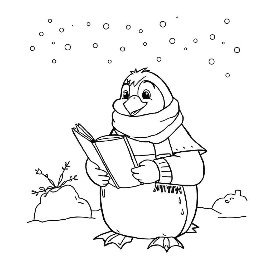 Penguins a penguin with a scarf reading a book — classic penguins coloring page (ages 5–10)