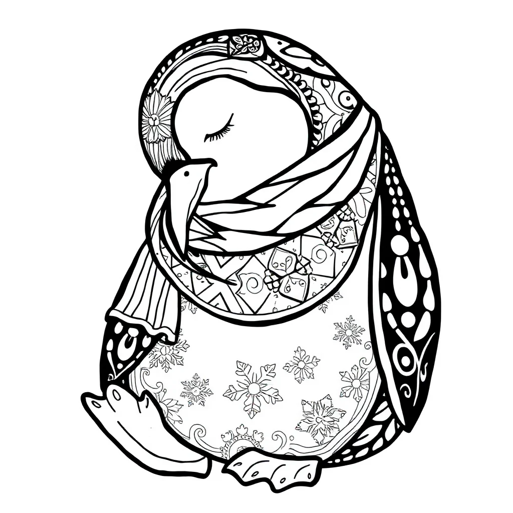 Penguins a penguin with a scarf sleeping curled up — detailed penguins coloring page (ages 9+ & adults)