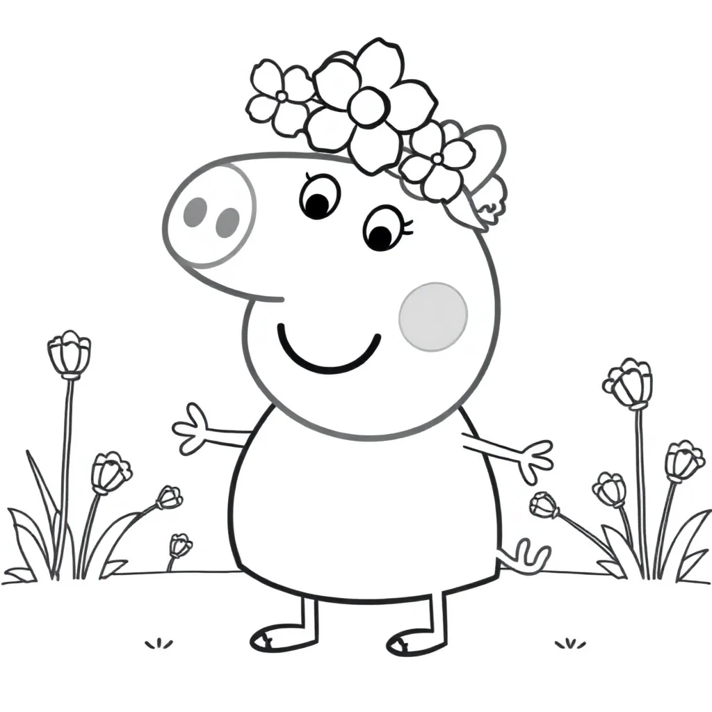 Peppa pig a chibi peppa pig smiling wearing a flower crown — classic peppa pig coloring page (ages 5–10)