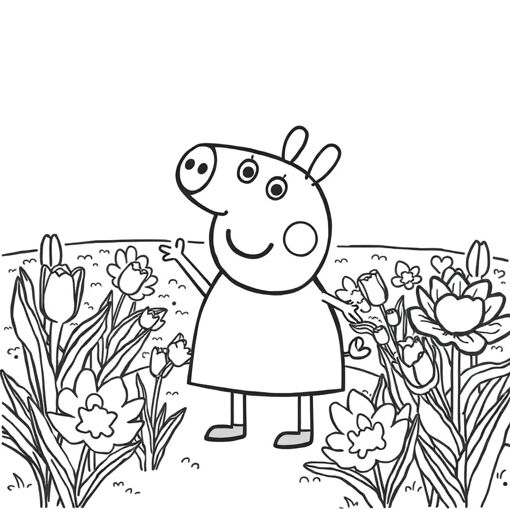 Peppa pig cute peppa pig waving in a flower garden — classic peppa pig coloring page (ages 5–10)