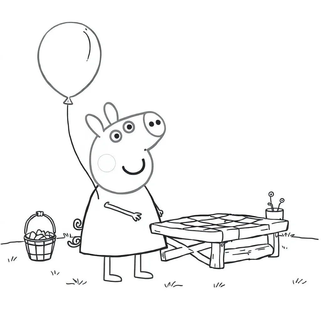 Peppa pig peppa pig holding a balloon having a picnic — classic peppa pig coloring page (ages 5–10)