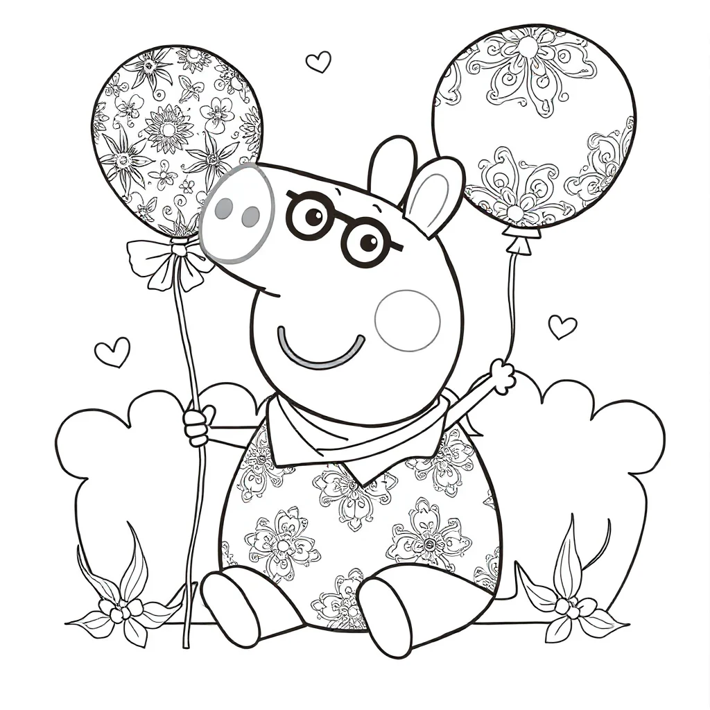 Peppa pig peppa pig holding a balloon sitting — detailed peppa pig coloring page (ages 9+ & adults)