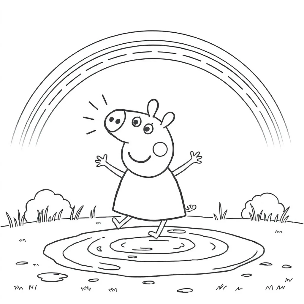 Peppa pig peppa pig jumping in a muddy puddle under a rainbow — classic peppa pig coloring page (ages 5–10)