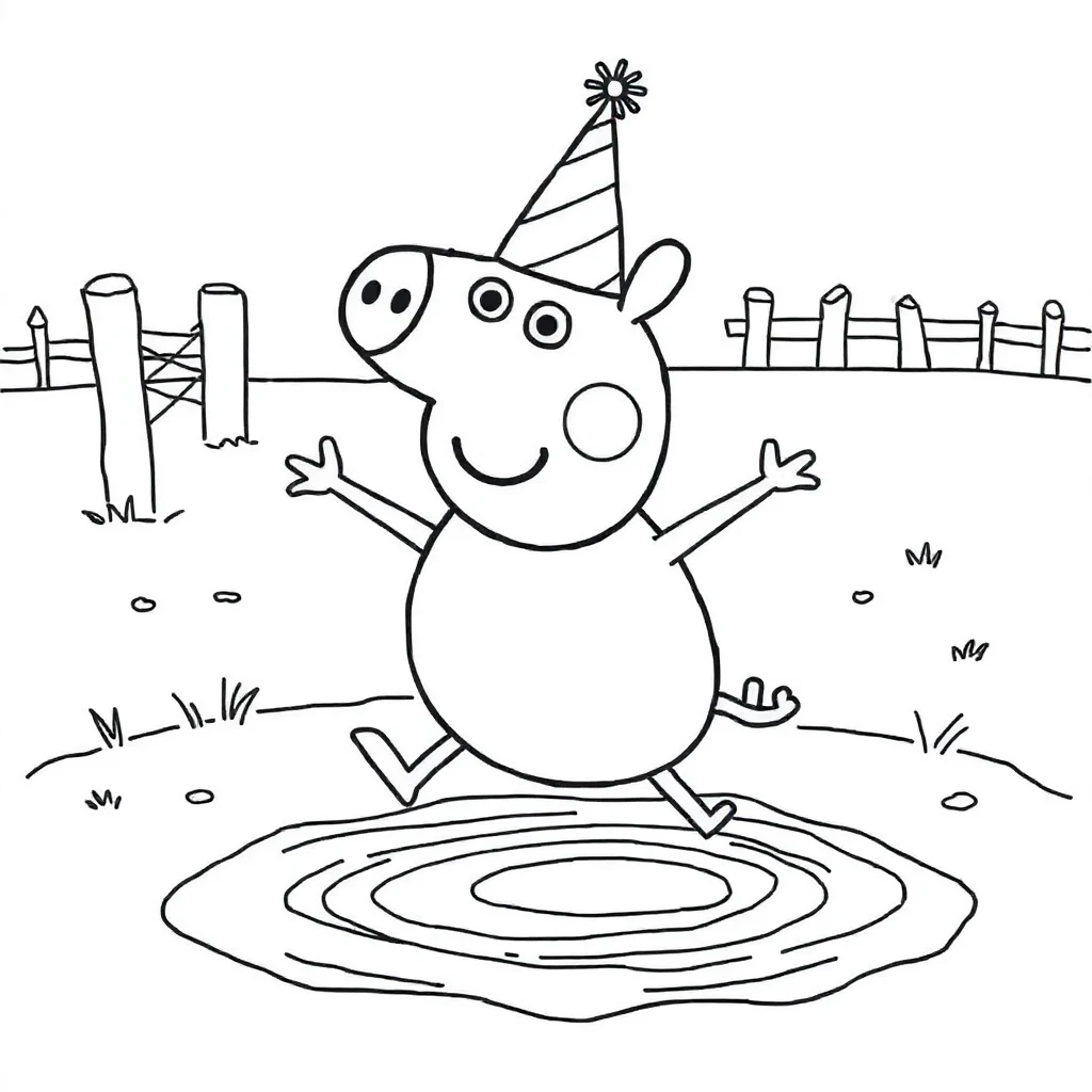 Peppa pig peppa pig jumping in a muddy puddle wearing a party hat — classic peppa pig coloring page (ages 5–10)