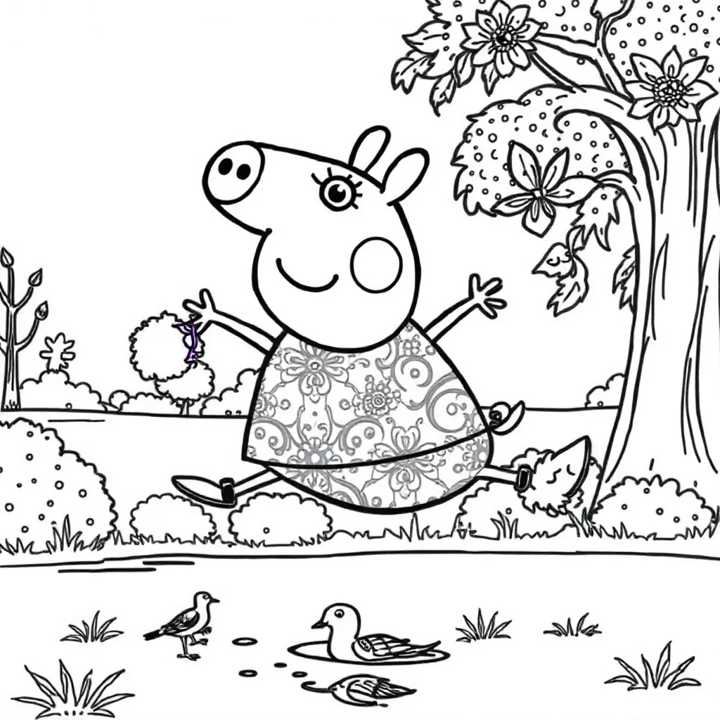 Peppa pig peppa pig playing in the park leaping mid air — detailed peppa pig coloring page (ages 9+ & adults)