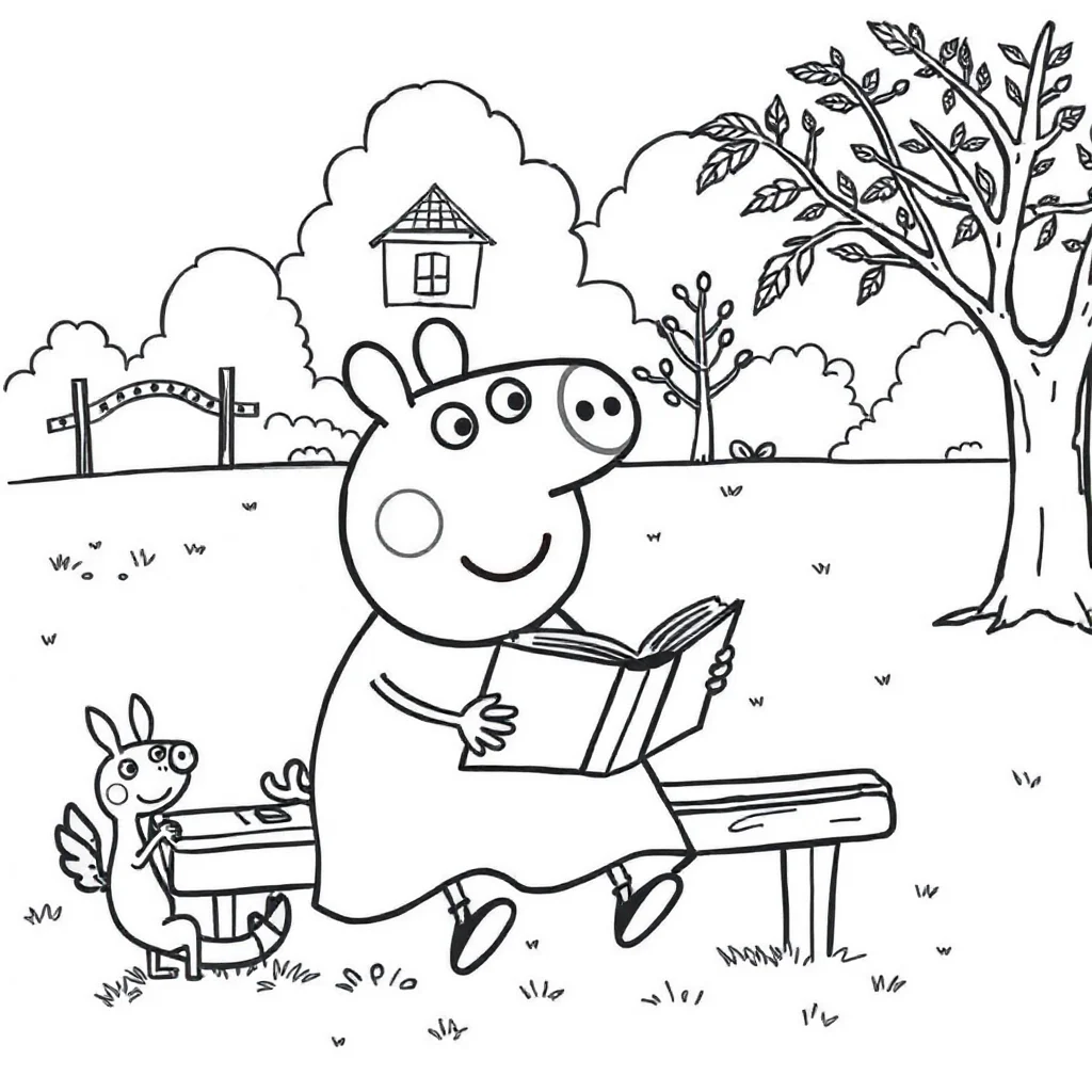 Peppa pig peppa pig playing in the park reading a book — classic peppa pig coloring page (ages 5–10)