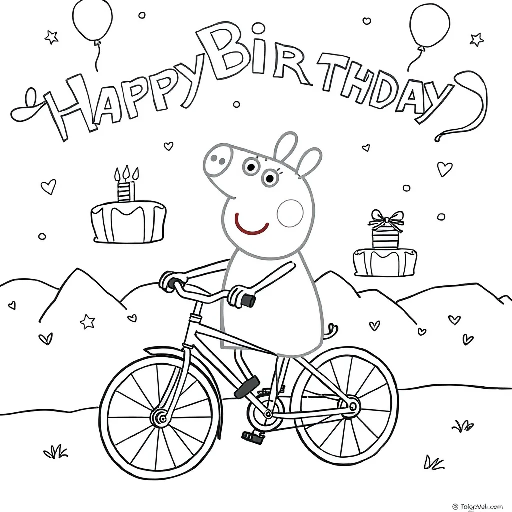 Peppa pig peppa pig riding a bike celebrating a birthday — classic peppa pig coloring page (ages 5–10)
