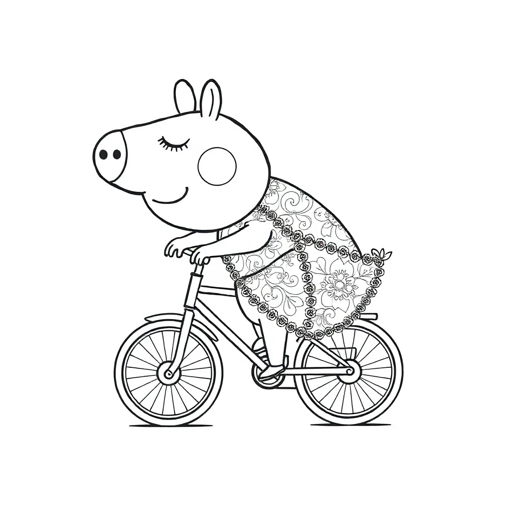 Peppa pig peppa pig riding a bike sleeping curled up — detailed peppa pig coloring page (ages 9+ & adults)