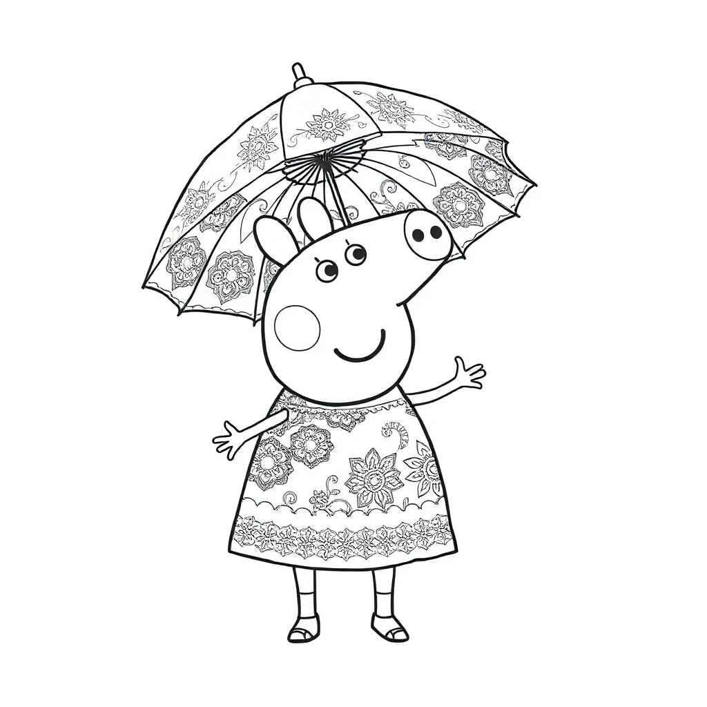 Peppa pig peppa pig with an umbrella dancing — detailed peppa pig coloring page (ages 9+ & adults)