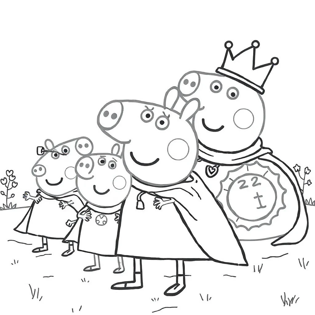 Peppa pig peppa pig with her family in a superhero cape — classic peppa pig coloring page (ages 5–10)