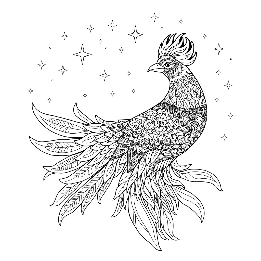 Phoenix a detailed phoenix under the night sky with stars — detailed phoenix coloring page (ages 9+ & adults)
