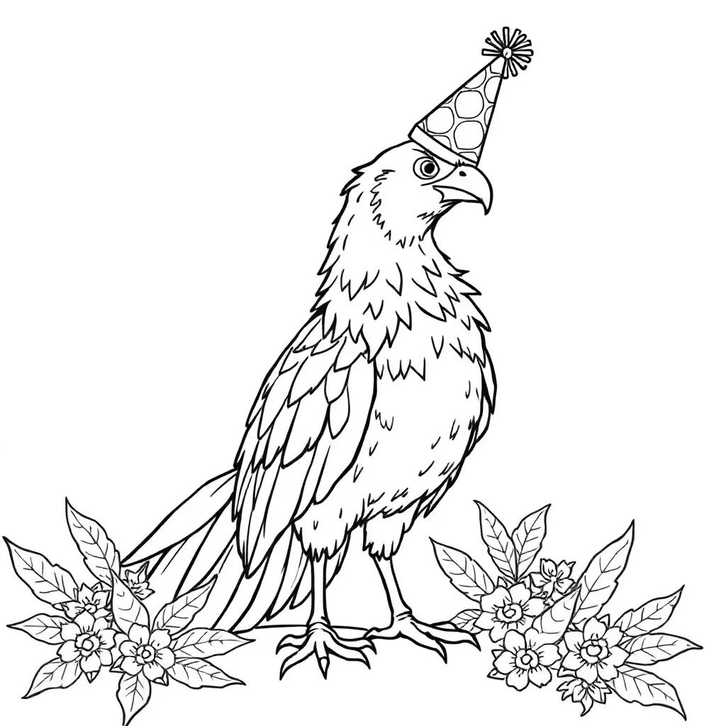 Phoenix a detailed phoenix wearing a party hat — classic phoenix coloring page (ages 5–10)