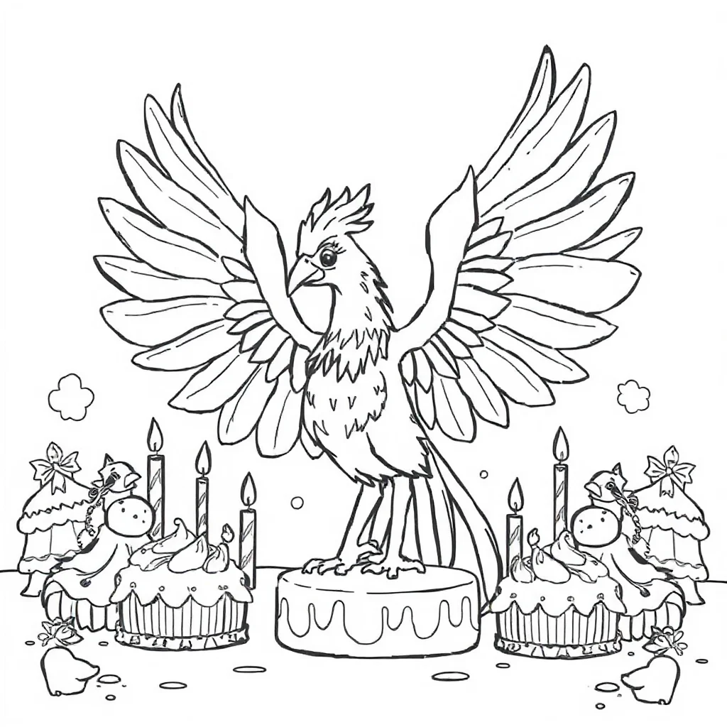 Phoenix a majestic phoenix celebrating a birthday — classic phoenix coloring page (ages 5–10)