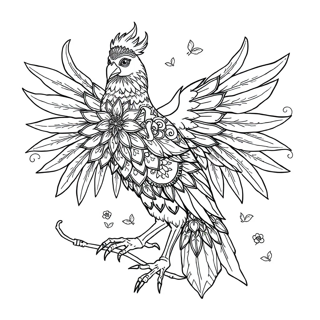 Phoenix a majestic phoenix sitting — detailed phoenix coloring page (ages 9+ & adults)