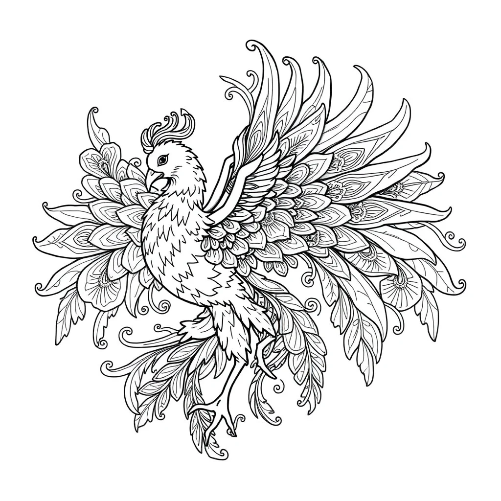 Phoenix a phoenix with ornate feathers dancing — detailed phoenix coloring page (ages 9+ & adults)