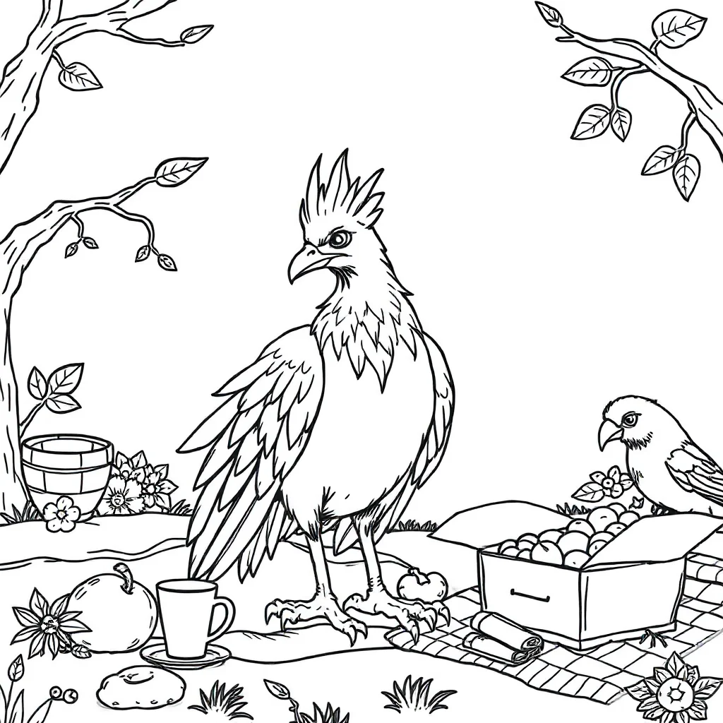 Phoenix a phoenix with ornate feathers having a picnic — classic phoenix coloring page (ages 5–10)