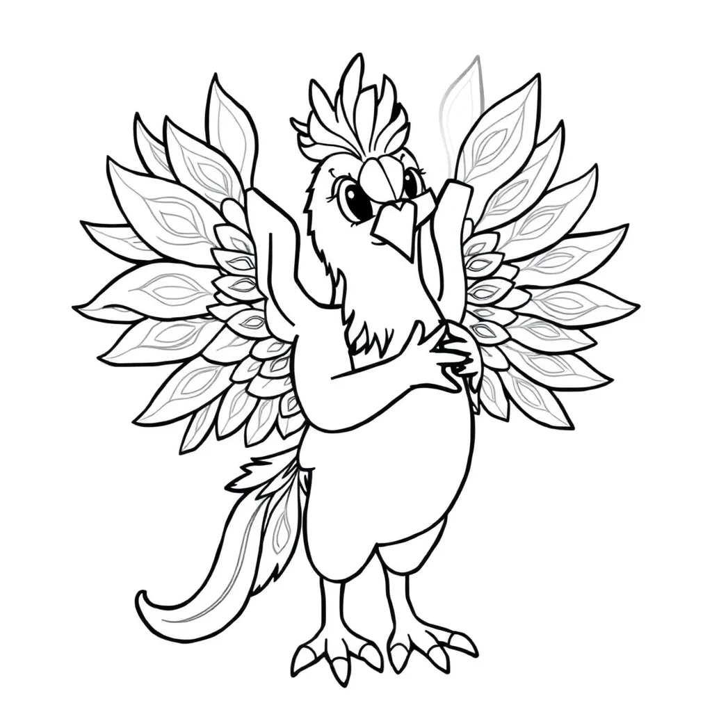 Phoenix a phoenix with ornate feathers hugging a friend — easy phoenix coloring page (ages 2–5)