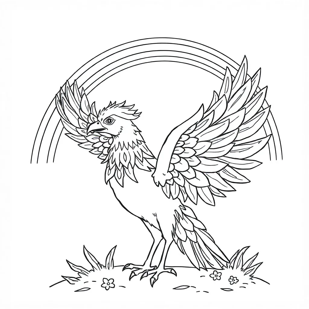 Phoenix a phoenix with ornate feathers under a rainbow — classic phoenix coloring page (ages 5–10)