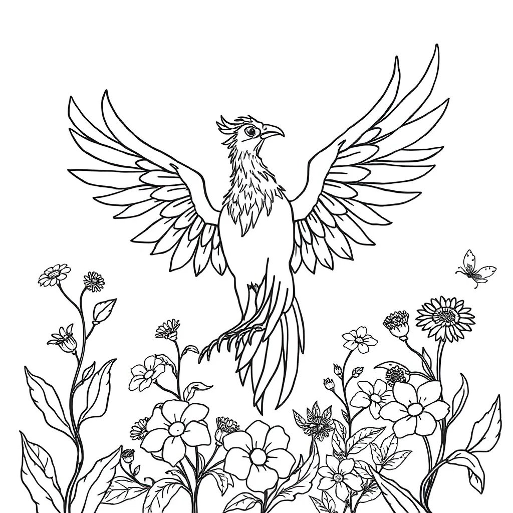 Phoenix a phoenix with spread wings in a flower garden — classic phoenix coloring page (ages 5–10)