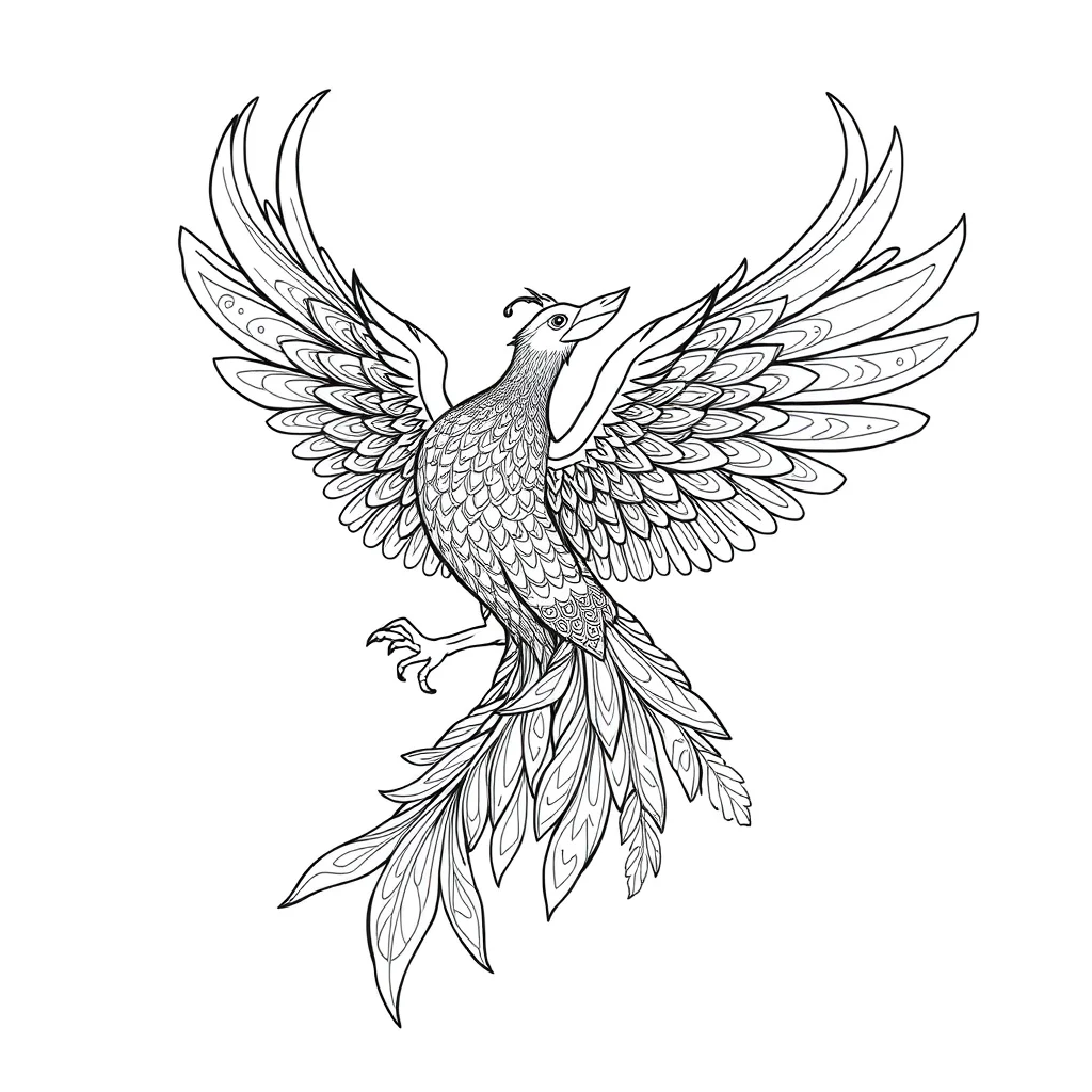 Phoenix a phoenix with spread wings leaping mid air — detailed phoenix coloring page (ages 9+ & adults)