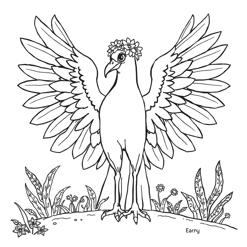 Phoenix a phoenix with spread wings wearing a flower crown — classic phoenix coloring page (ages 5–10)