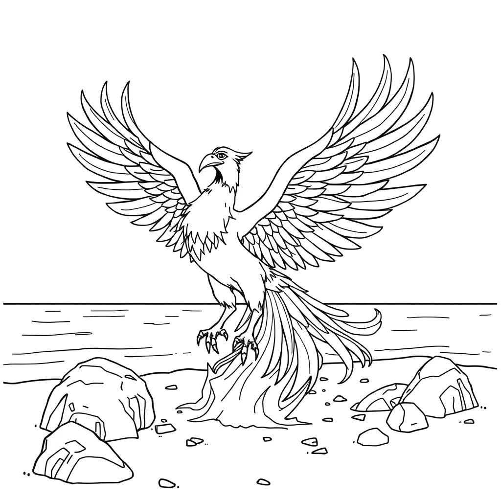 Phoenix a rising phoenix on the beach — classic phoenix coloring page (ages 5–10)