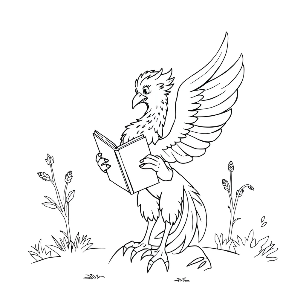 Phoenix a rising phoenix reading a book — classic phoenix coloring page (ages 5–10)
