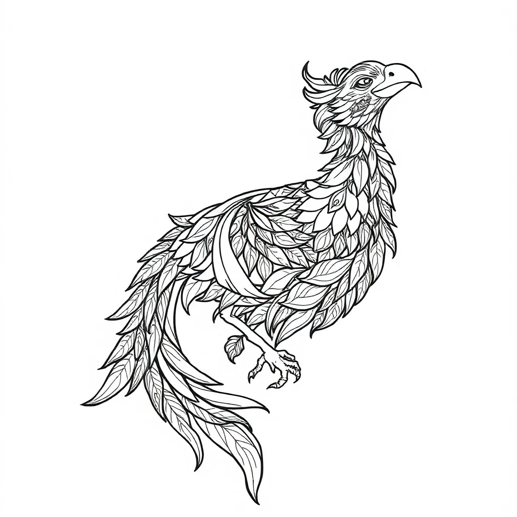 Phoenix a rising phoenix sleeping curled up — detailed phoenix coloring page (ages 9+ & adults)
