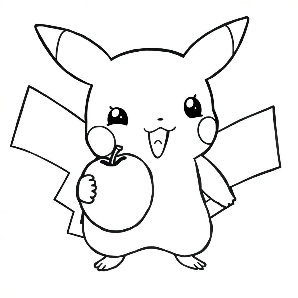 Pikachu a chibi pikachu eating an apple — easy pikachu coloring page (ages 2–5)