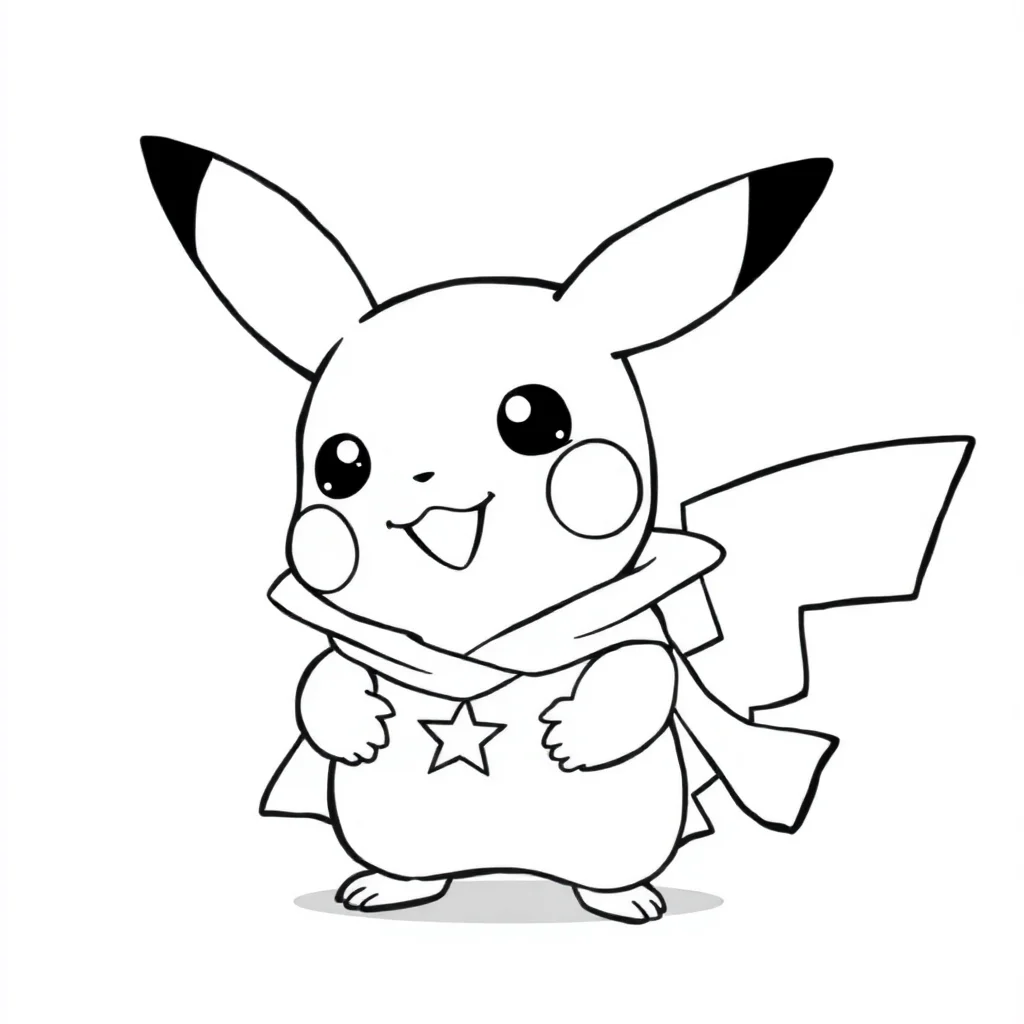 Pikachu a cute pikachu smiling in a superhero cape — classic pikachu coloring page (ages 5–10)