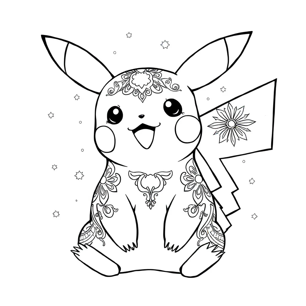 Pikachu a cute pikachu smiling sitting — detailed pikachu coloring page (ages 9+ & adults)