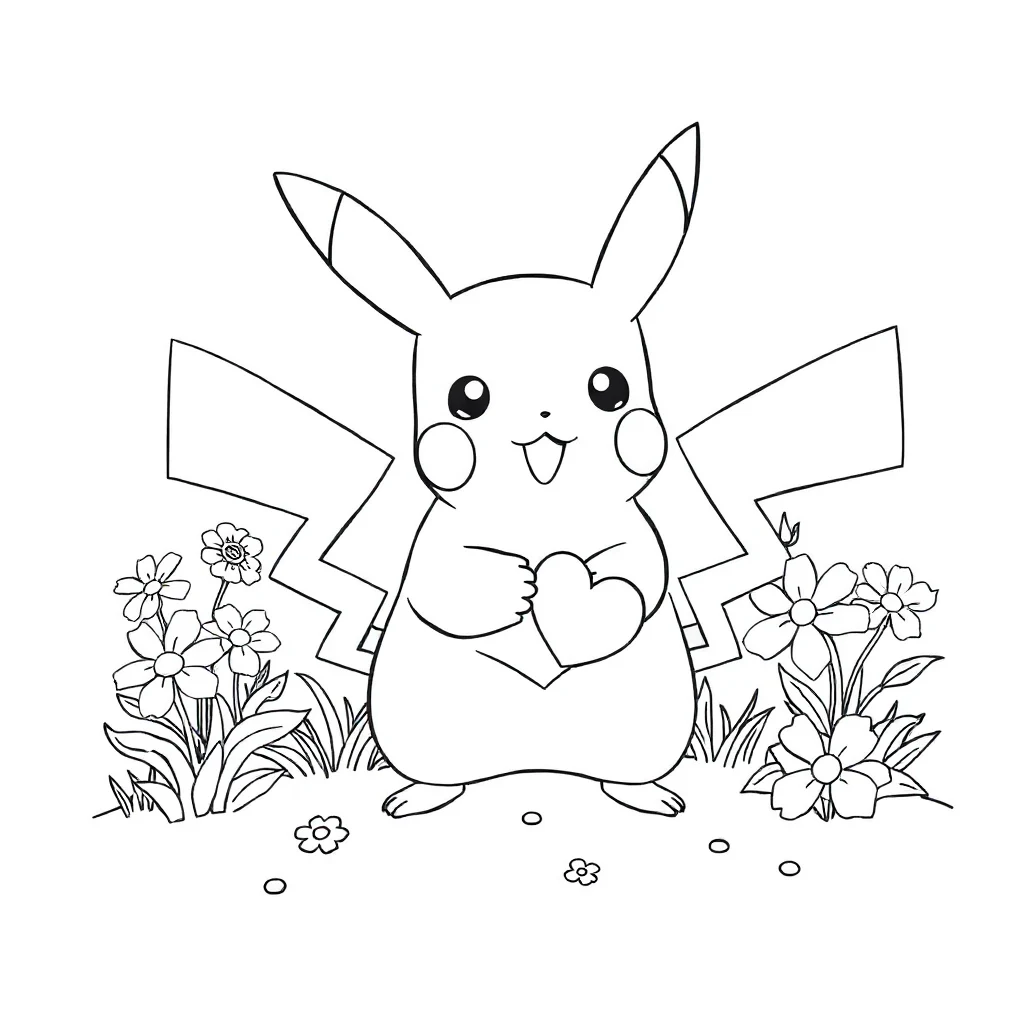 Pikachu pikachu holding a heart in a flower garden — classic pikachu coloring page (ages 5–10)