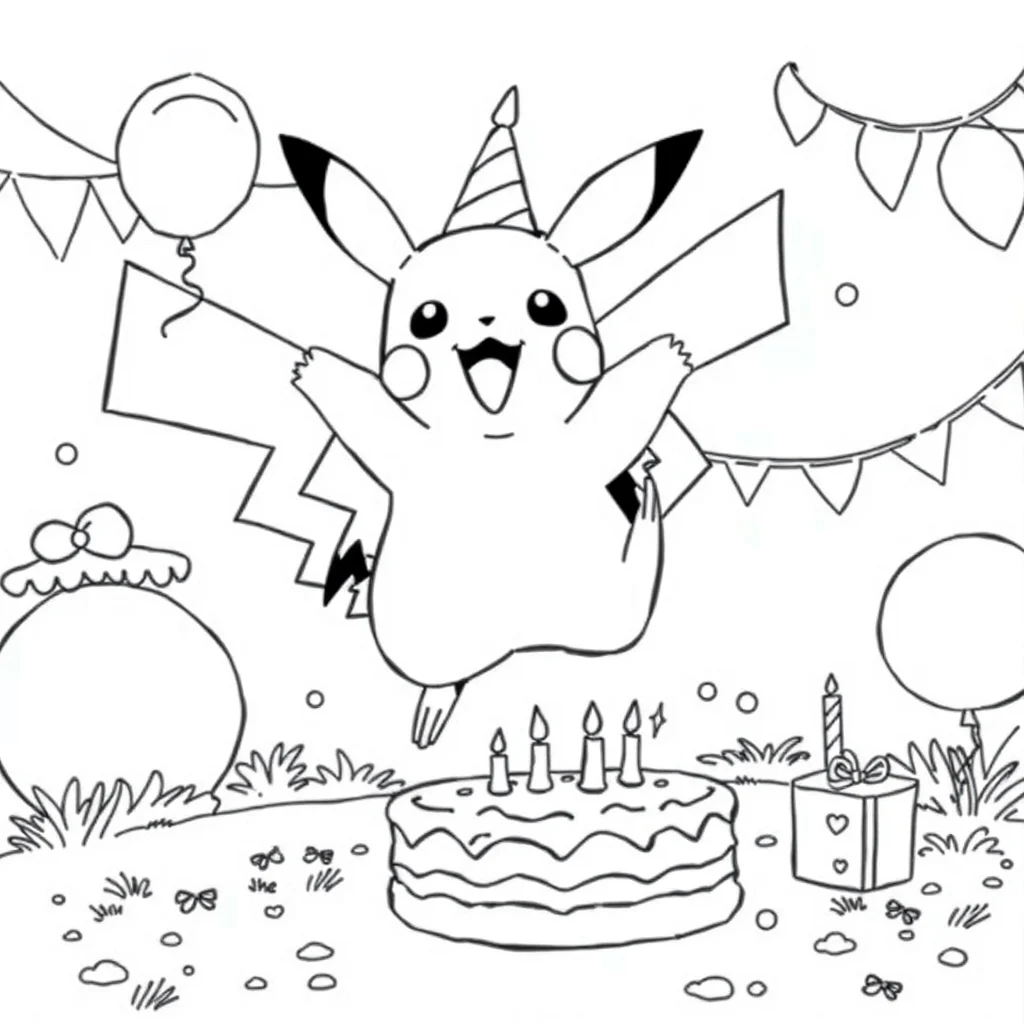 Pikachu pikachu jumping with joy celebrating a birthday — classic pikachu coloring page (ages 5–10)