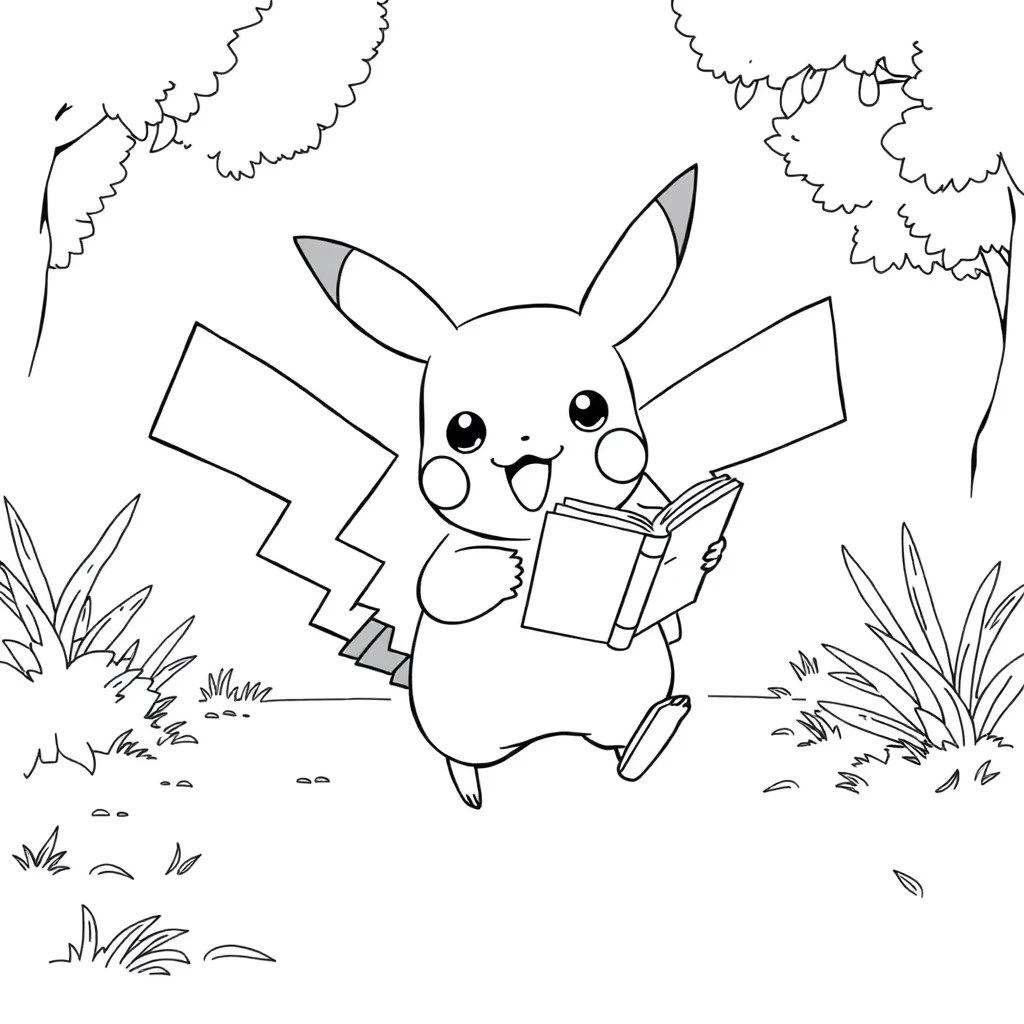 Pikachu pikachu running happily reading a book — classic pikachu coloring page (ages 5–10)