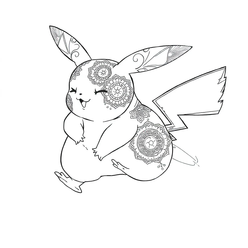 Pikachu pikachu running happily sleeping curled up — detailed pikachu coloring page (ages 9+ & adults)