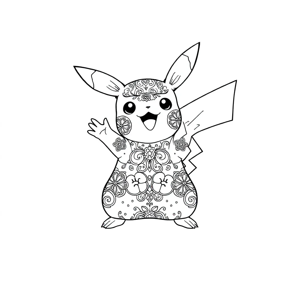 Pikachu pikachu sitting and waving dancing — detailed pikachu coloring page (ages 9+ & adults)