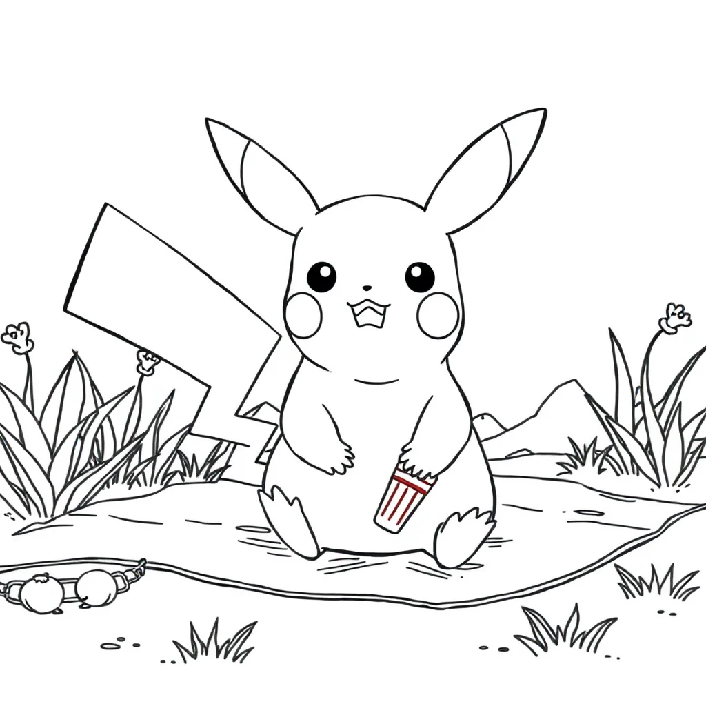 Pikachu pikachu sitting and waving having a picnic — classic pikachu coloring page (ages 5–10)
