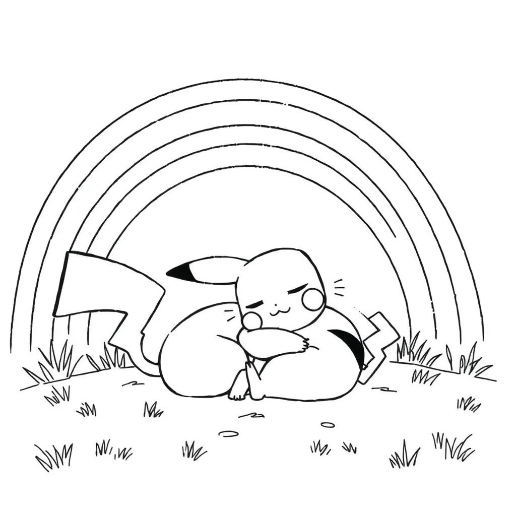 Pikachu pikachu sleeping curled up under a rainbow — classic pikachu coloring page (ages 5–10)