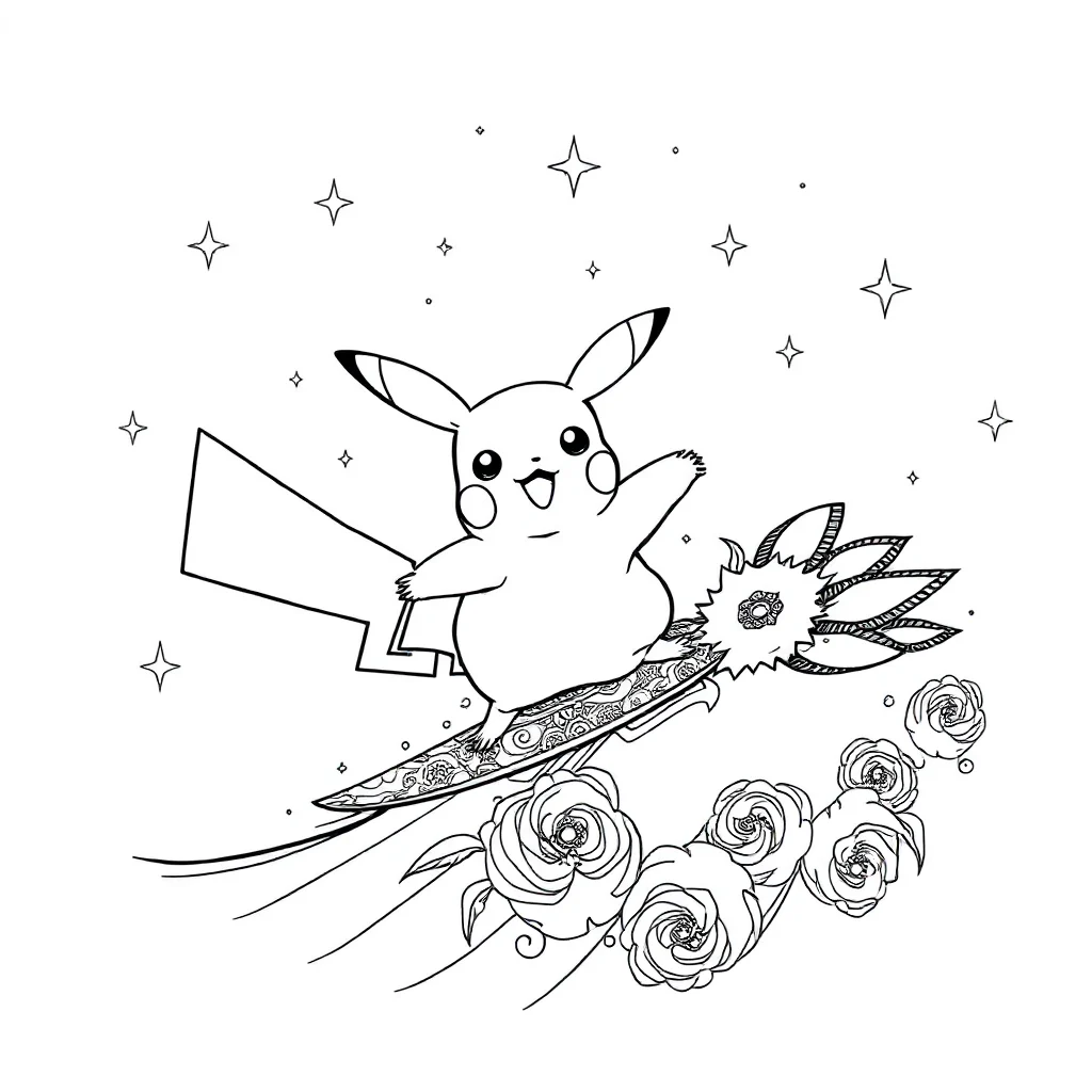 Pikachu pikachu surfing on a wave under the night sky with stars — detailed pikachu coloring page (ages 9+ & adults)