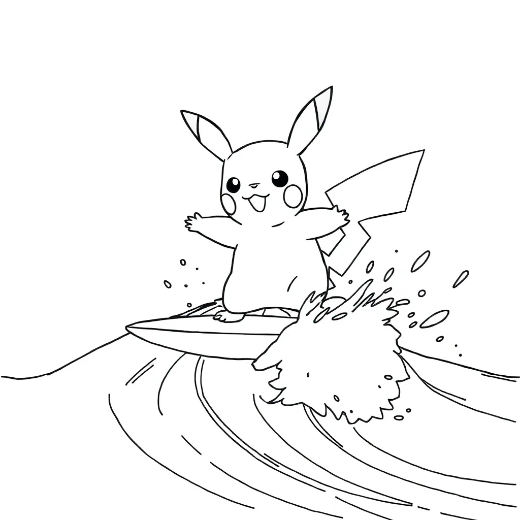 Pikachu pikachu surfing on a wave — classic pikachu coloring page (ages 5–10)
