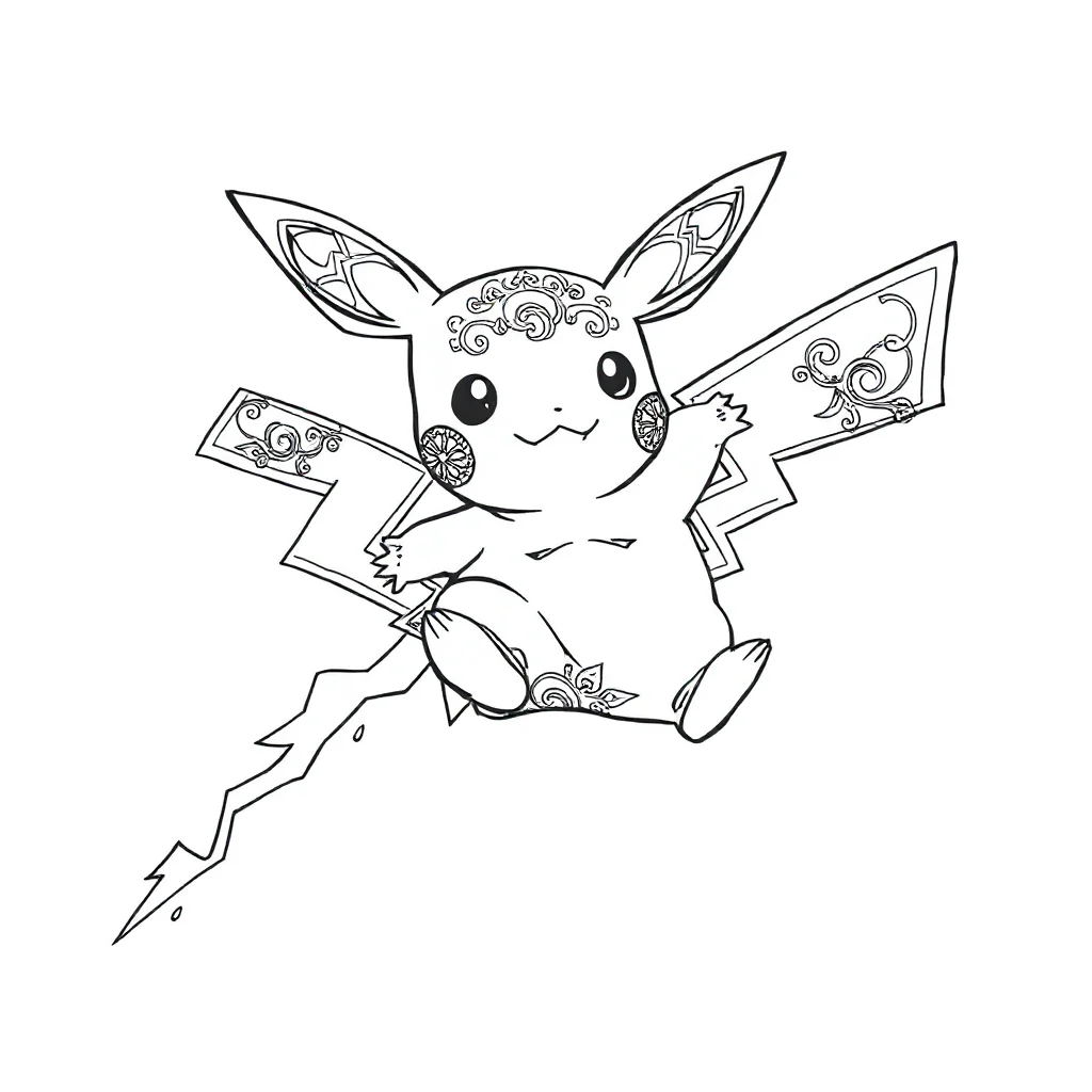 Pikachu pikachu using a thunderbolt leaping mid air — detailed pikachu coloring page (ages 9+ & adults)
