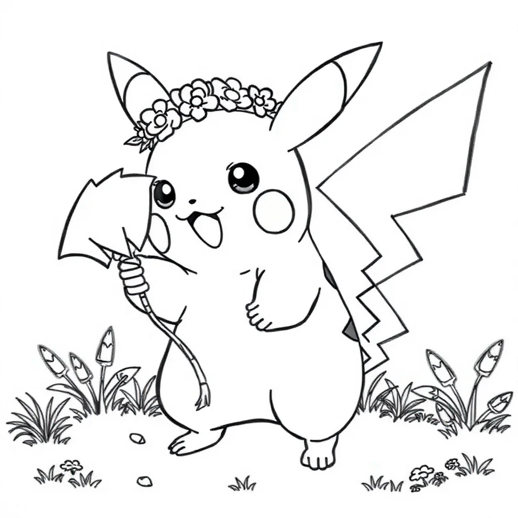 Pikachu pikachu using a thunderbolt wearing a flower crown — classic pikachu coloring page (ages 5–10)