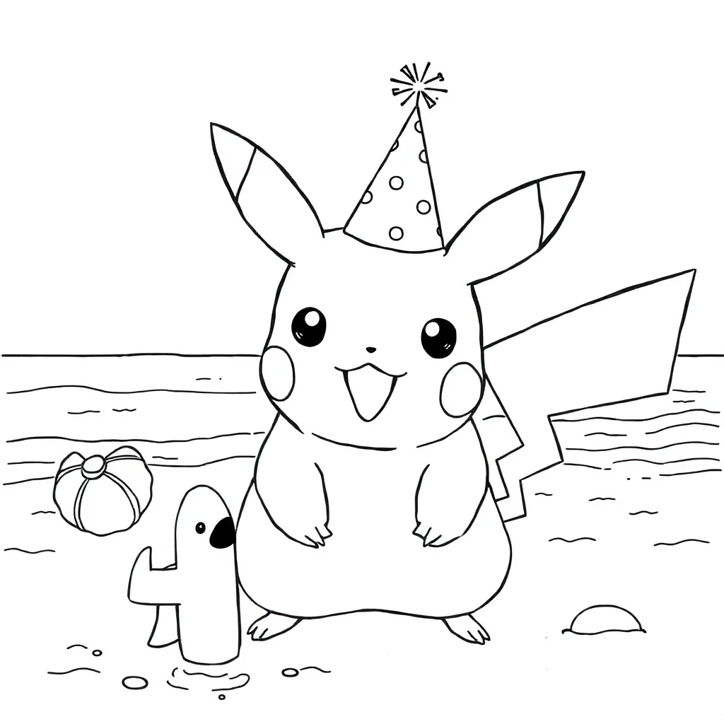 Pikachu pikachu with a party hat on the beach — classic pikachu coloring page (ages 5–10)