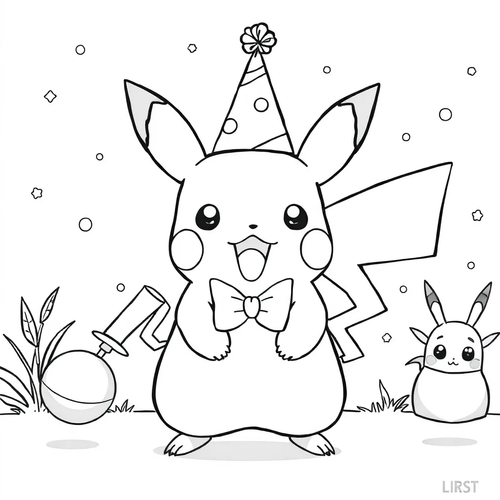 Pikachu pikachu with a party hat — classic pikachu coloring page (ages 5–10)