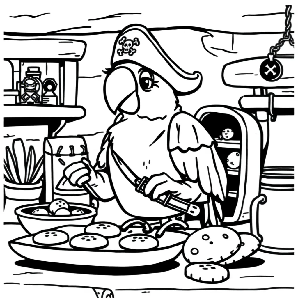 Pirates a pirate parrot baking cookies — classic pirates coloring page (ages 5–10)